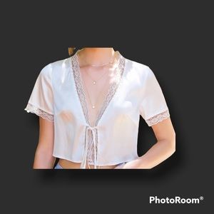 Lace Trim Tie Front Satin Top